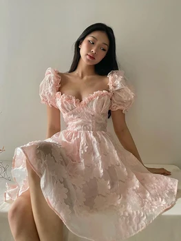 Мода шик квадратна яка розов жакард парти рокля принцеса къдри сладък елегантен лято дамски рокли Frill сладък