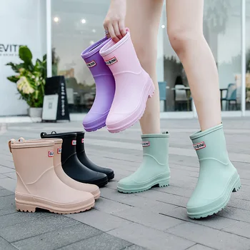 Модни дамски ботуши за дъжд Mid-Tube дъжд ботуши PVC дебела подметка външно износване нехлъзгащи гумени обувки водоустойчиви външни обувки 36-40
