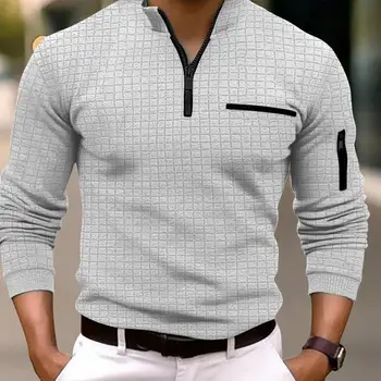 Мъже пролет есен топ цип ревера яка вафла текстура мъже суитчър дълъг ръкав пуловер средата дължина меки топли мъже риза