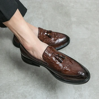 Мъжки мокасини с пискюл Мъжки крокодил Мокасини от кожа Мъжки обувки от естествена кожа Mocassin homme Calzado hombre Zapatos de hombre