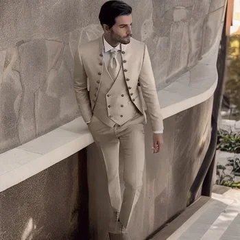 Мъжки официални костюми с мандаринова яка 3 бр. Сватбен младоженец Tuxedo мъжки тънък годни яке панталони комплект 2024 (Blazer + панталони + жилетка)