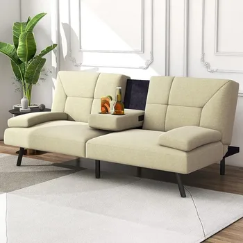 Мързелив разтегателен диван модерен ленен плат конвертируем сгъваем фоайе диван кушетка за хол с 2 поставки за чаши двойни мебели