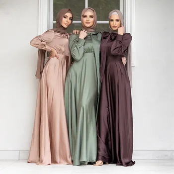 Мюсюлманска сатенена дамска рокля Arabic Abaya елегантни дълги ръкави Дубай Abayat Макси рокли халат Mousseline de Soie Musulmane