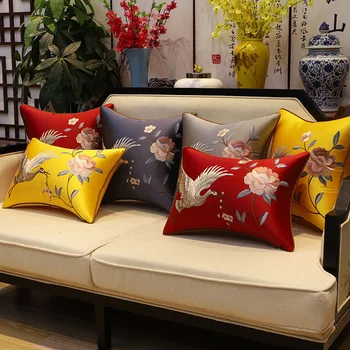 Нов китайски стил жакард възглавница покритие червени короновани кранове и цветя бродерия декоративни възглавници Начало легло диван калъфка