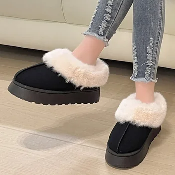 Обувки за жени 2023 Ново приплъзване на дамски ботуши Зимен кръг Toe Solid Flock плюшени топли средата петата вода доказателство кратък сняг ботуши