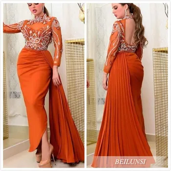 Оранжеви мюсюлмански вечерни рокли русалка високо деколте формован кристали без гръб абитуриентски рокли официално парти Втори прием Go