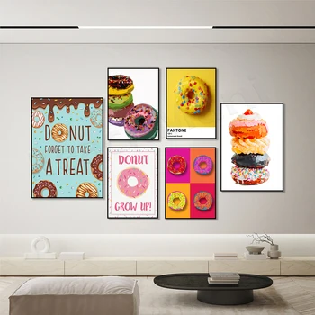 печат на понички, руж розов поничка десертен печат, храна снимка стена изкуство платно живопис скандинавски плакат естетика кухня стая декор