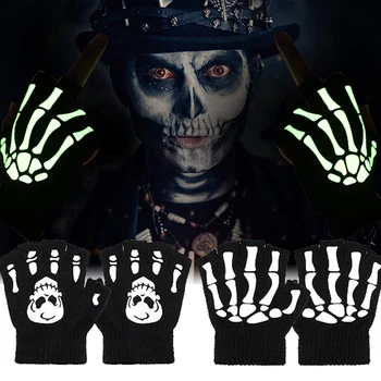 Пънк Хелоуин скелет череп половин пръст възрастни деца светещи ръкавици зимен череп без пръсти ръкавица за събитие парти колоездене подарък