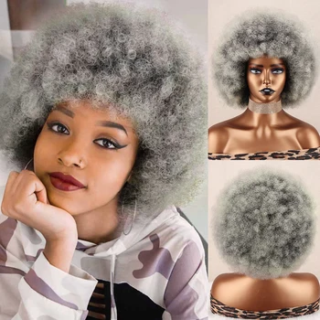 Синтетична афро извратена къдрава перука с бретон къси сиви пухкави перуки за коса за черни жени естествени розови златни черни кафяви перуки