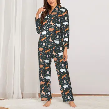 Смешни лисица печат пижама комплект есен горски животни листа ретро свободно време спално облекло жени 2 парче случайни извънгабаритни графични нощници