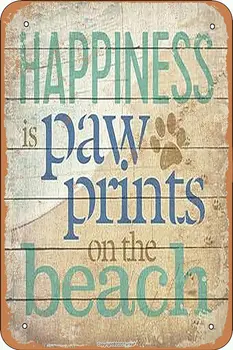 Тарика Щастието е лапа отпечатъци на плажа ретро поглед 20X30 CM Желязна декорация занаяти знак за дома Смешни стенни декори