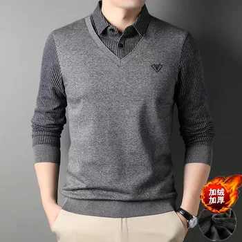 한국골프웨어 Зимни голф облекла Мъже Бизнес ежедневни плюшени фалшиви риза от две части яка плетен пуловер с топла основа Golf Knit 골프의류 남자